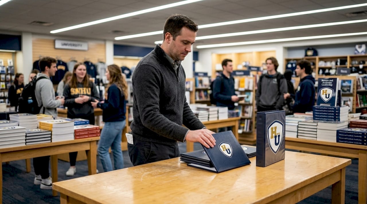 Man choosing diploma cover in SNHU bookstore