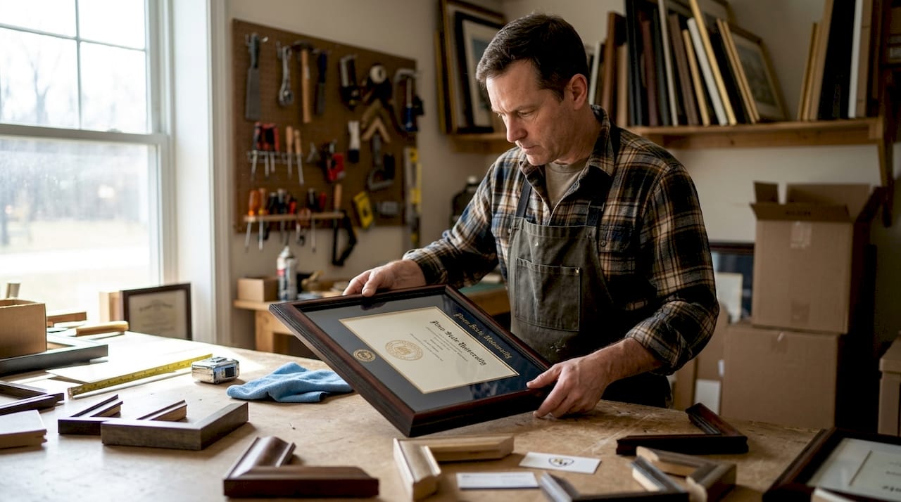 Diploma framing workspace with Penn State frame