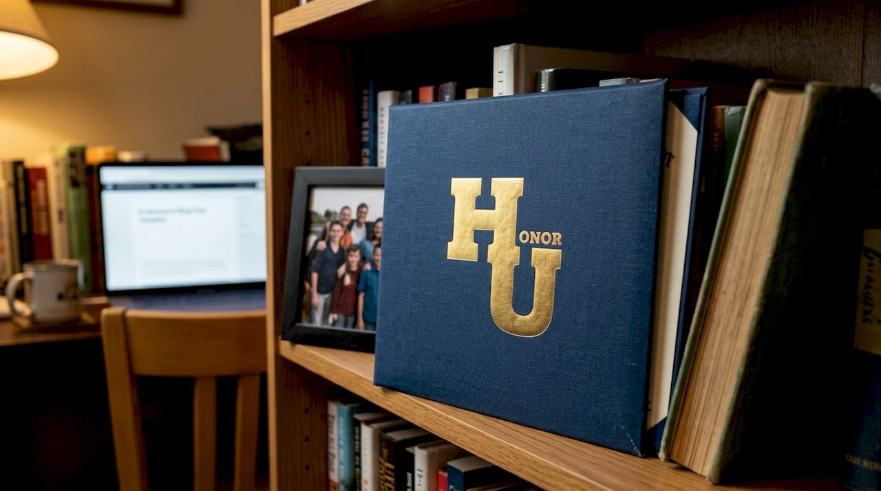 Diploma cover displayed upright on bookshelf