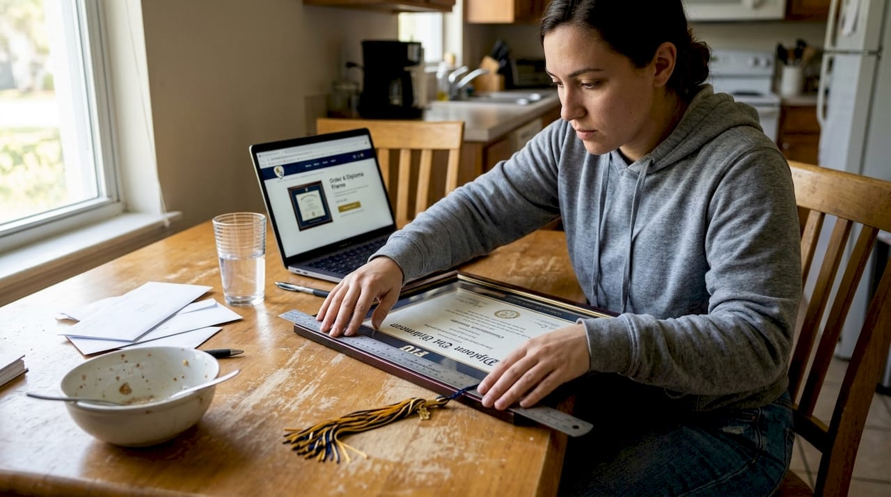 Graduate measures diploma at kitchen table
