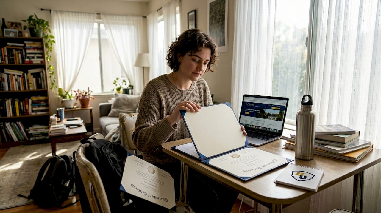 Graduate inspecting diploma cover at home