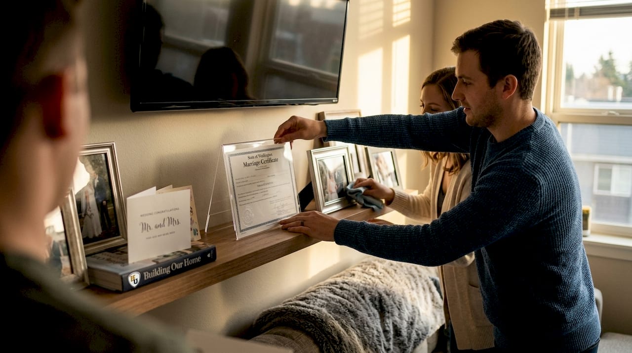 Marriage certificate display on living room shelf