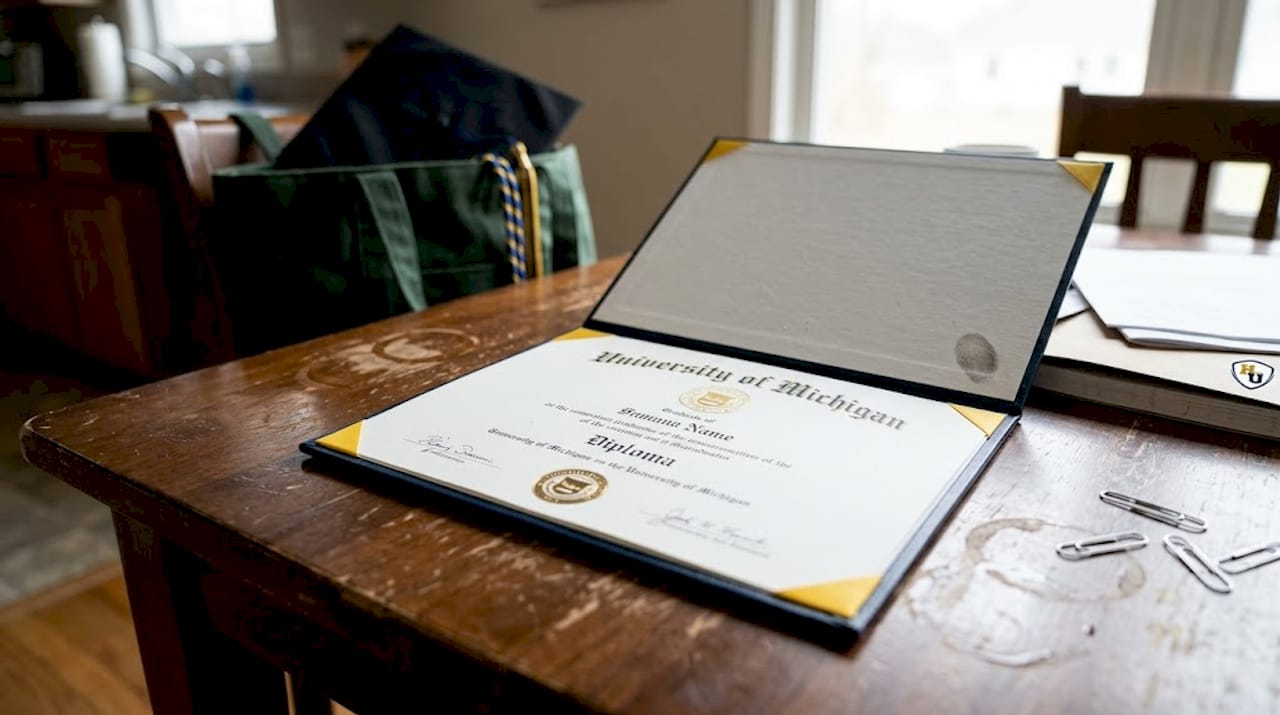 Close-up Michigan diploma cover on table
