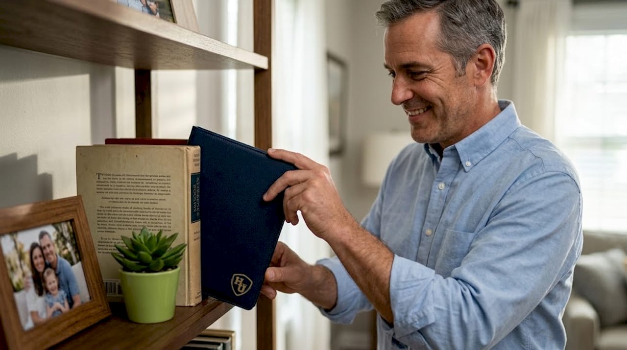 Man storing covered certificate on bookshelf