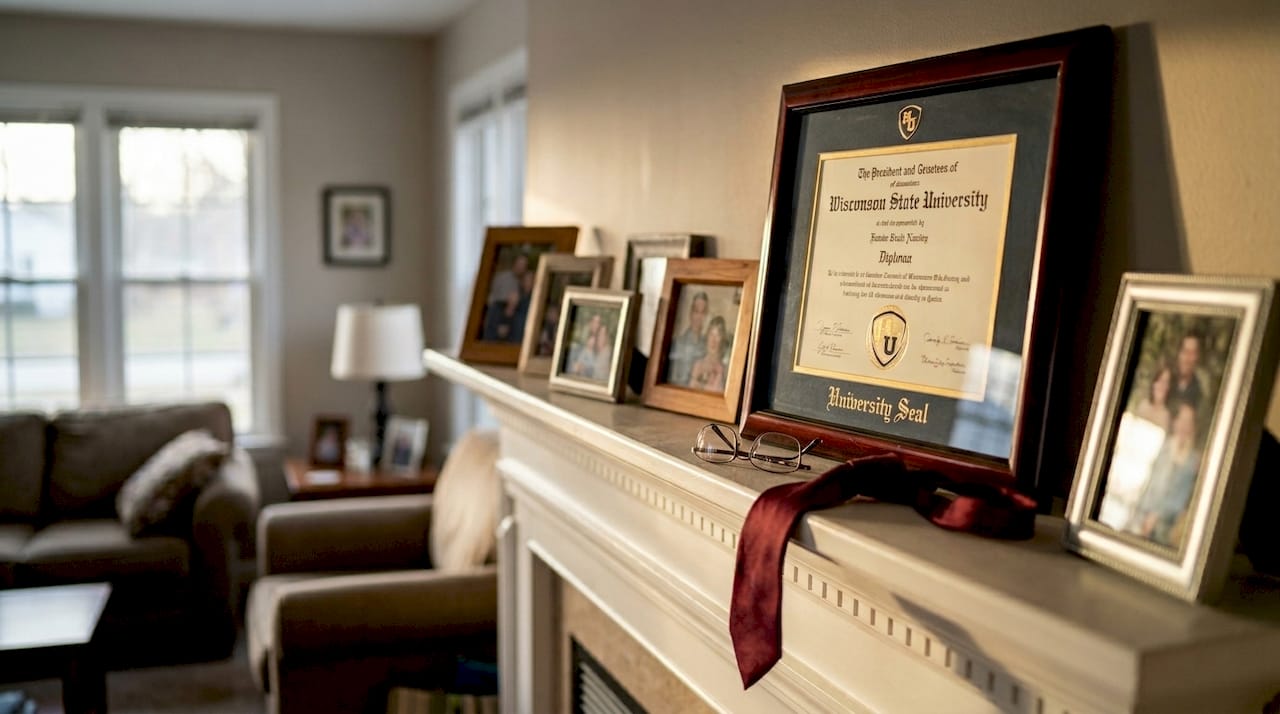 Classic UW-Madison diploma frame on mantle