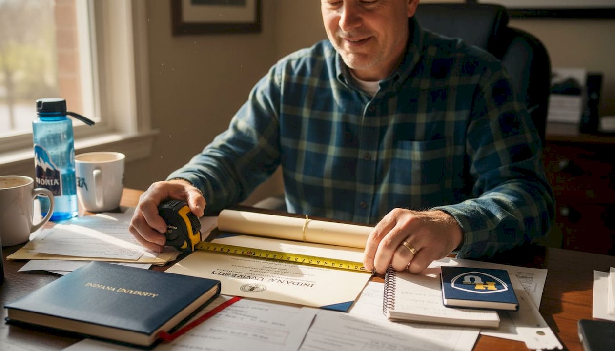 Man measuring diploma near cover on desk