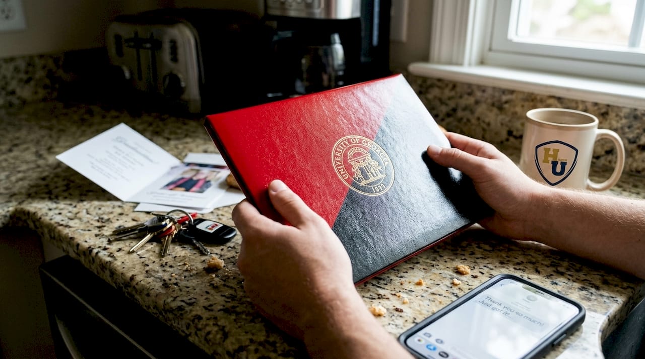 Hands holding UGA diploma cover in kitchen