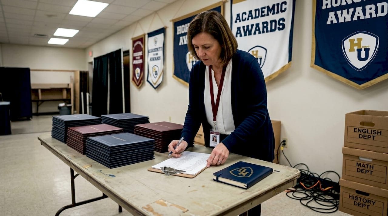 Staff sorting event certificate holders backstage