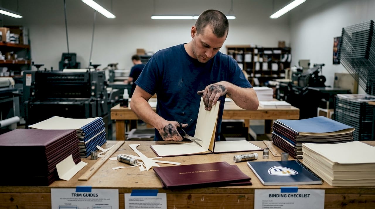 Technician assembling standard diploma covers
