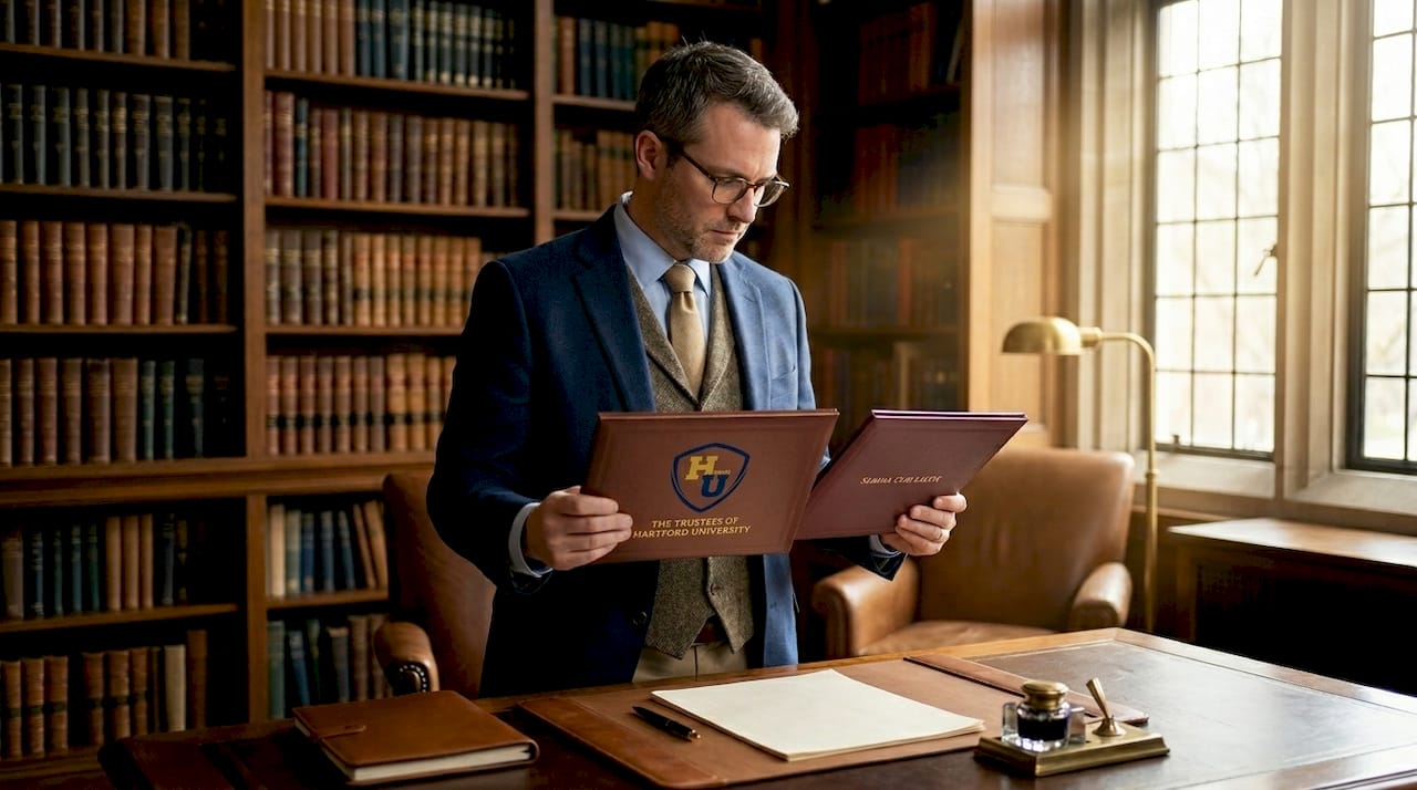Registrar comparing pre-phrased diploma covers
