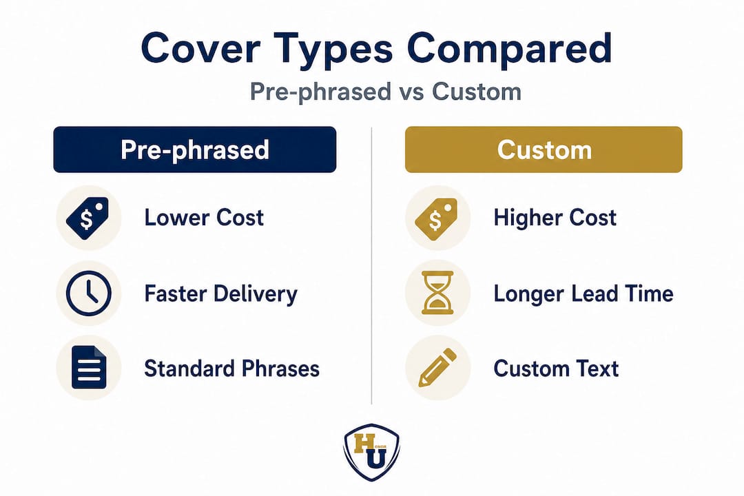 Infographic comparing pre-phrased and custom covers