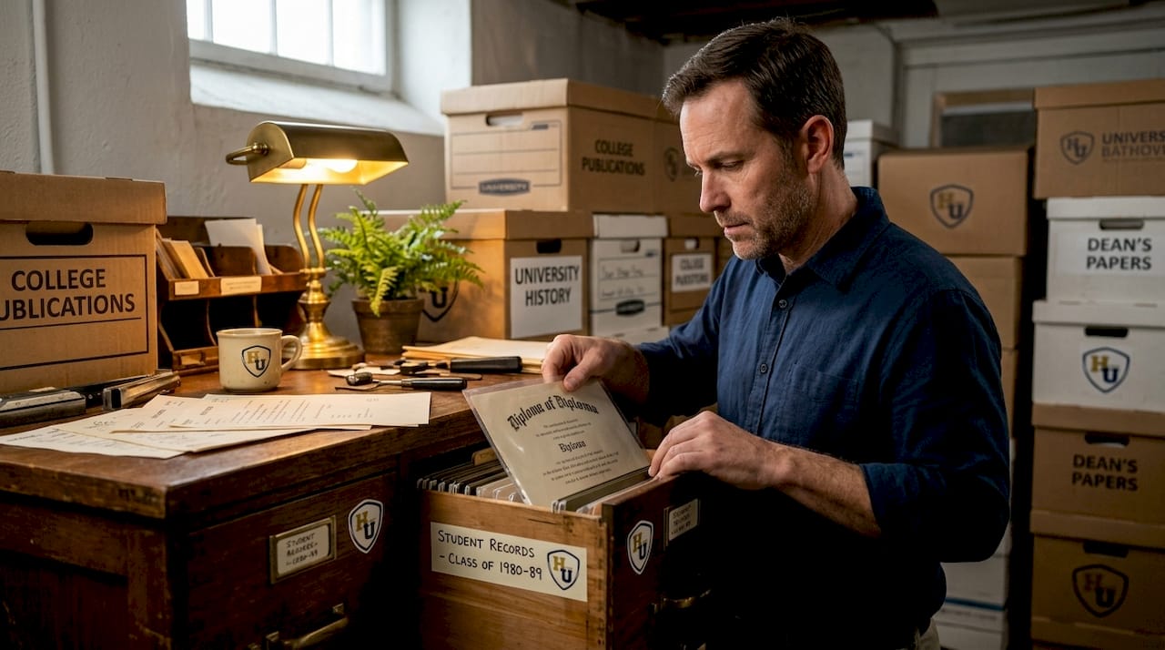 Staff storing diplomas in archive cabinet