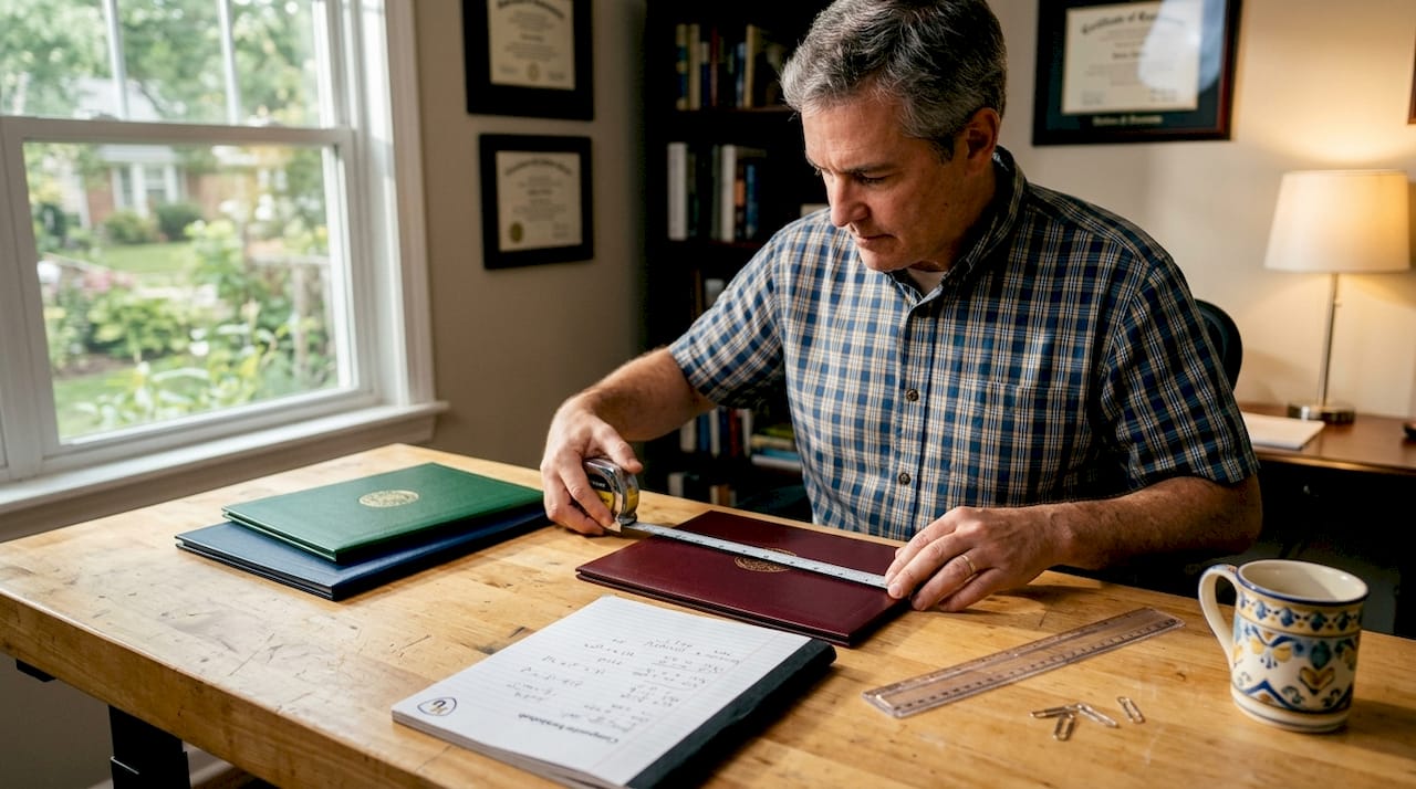 Man measuring diploma cover dimensions