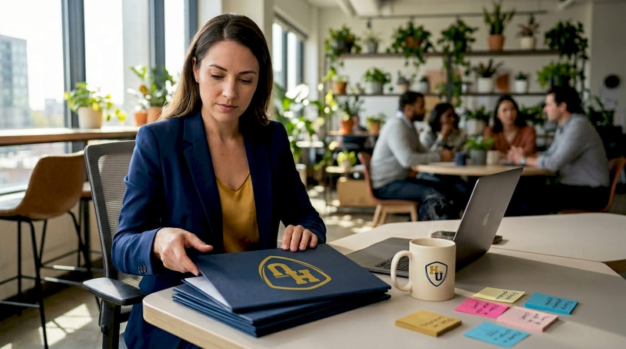 Professional reviewing certificates with branded covers