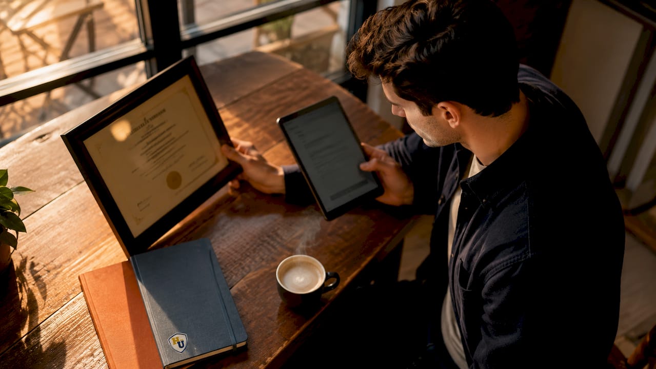 Professional reviewing certificate alongside job listing