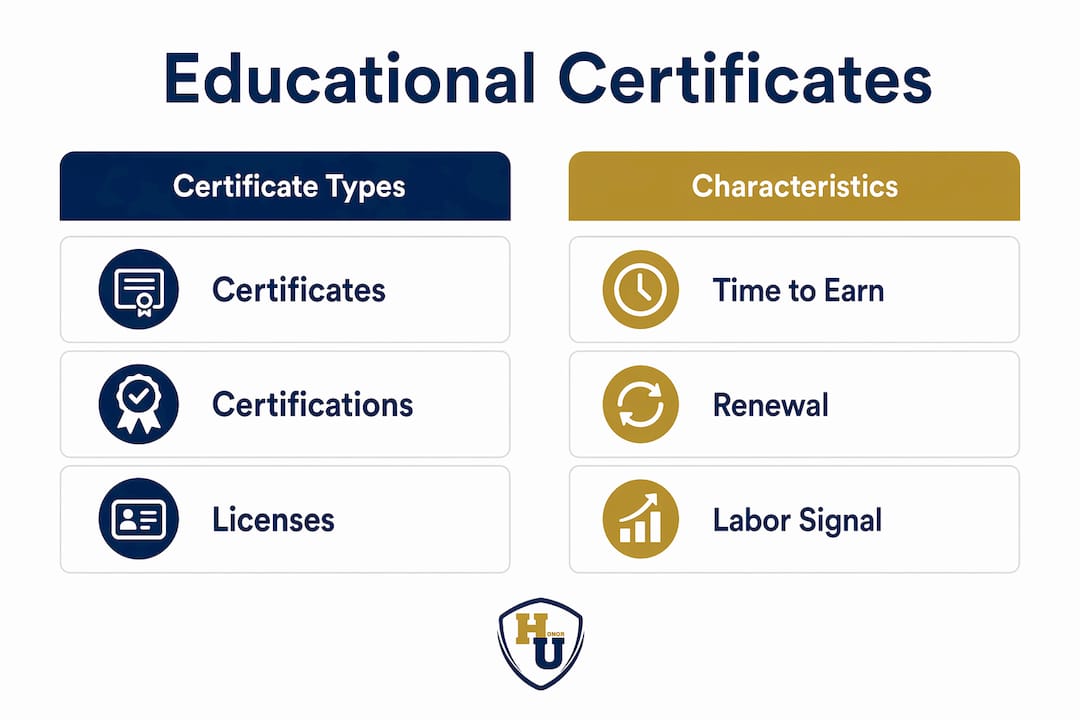 Infographic comparing types and features of educational certificates