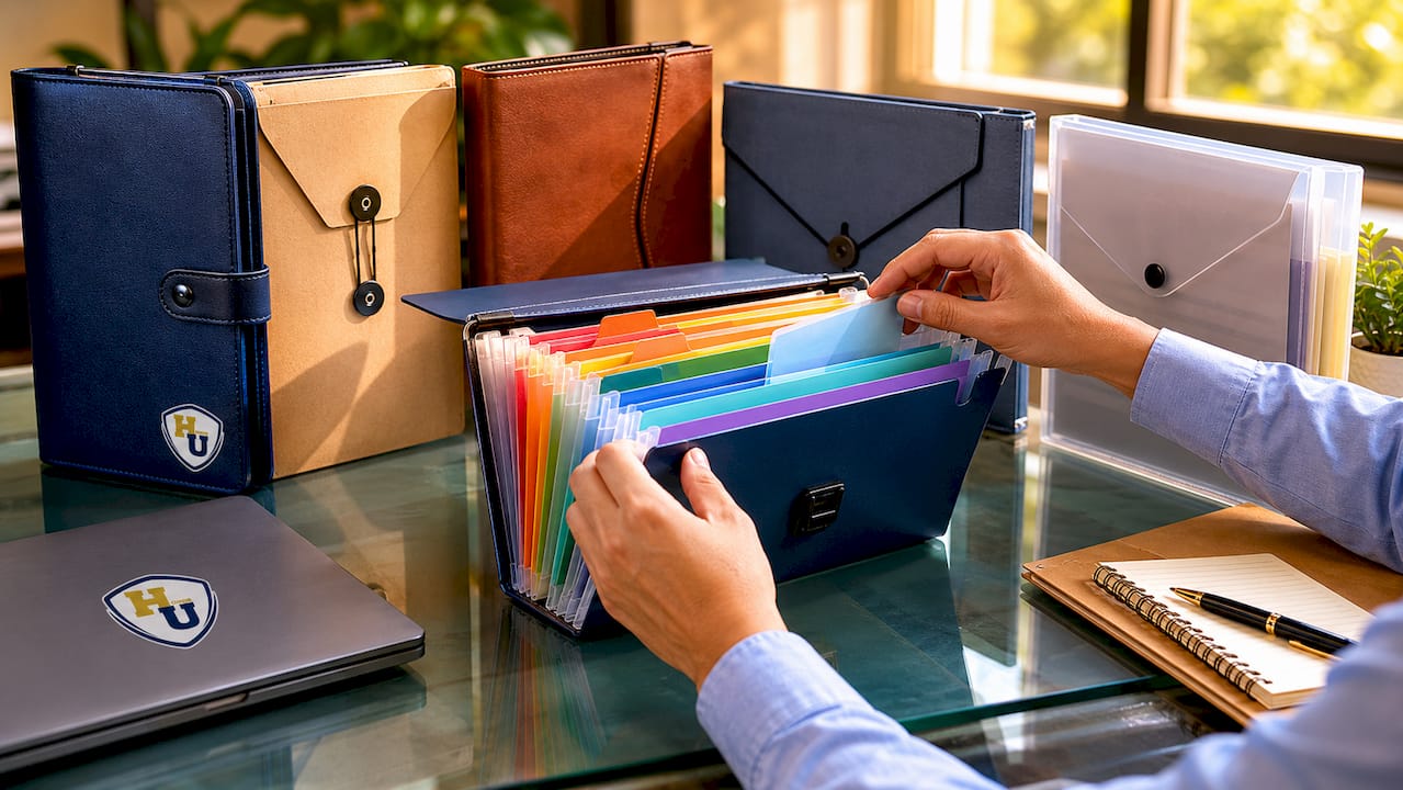 Various document folders displayed on table top