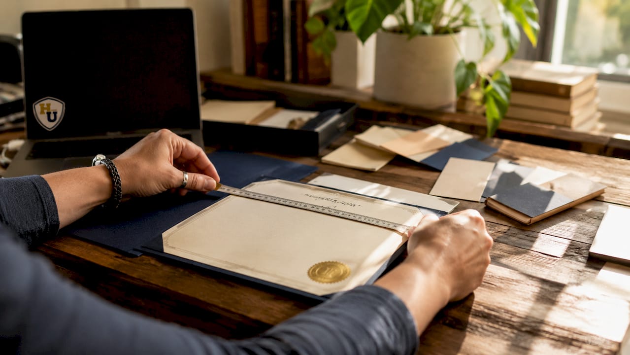 Hands measuring diploma thickness with caliper