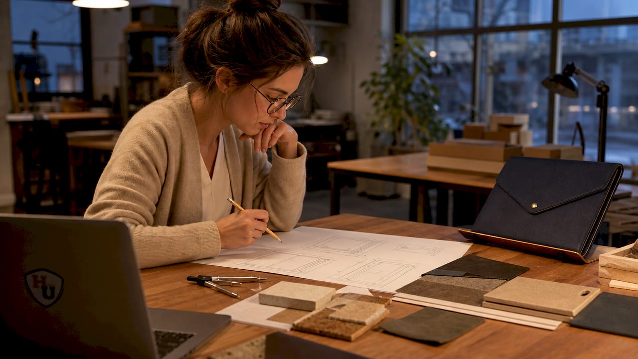 Designer reviewing diploma case size blueprints in studio