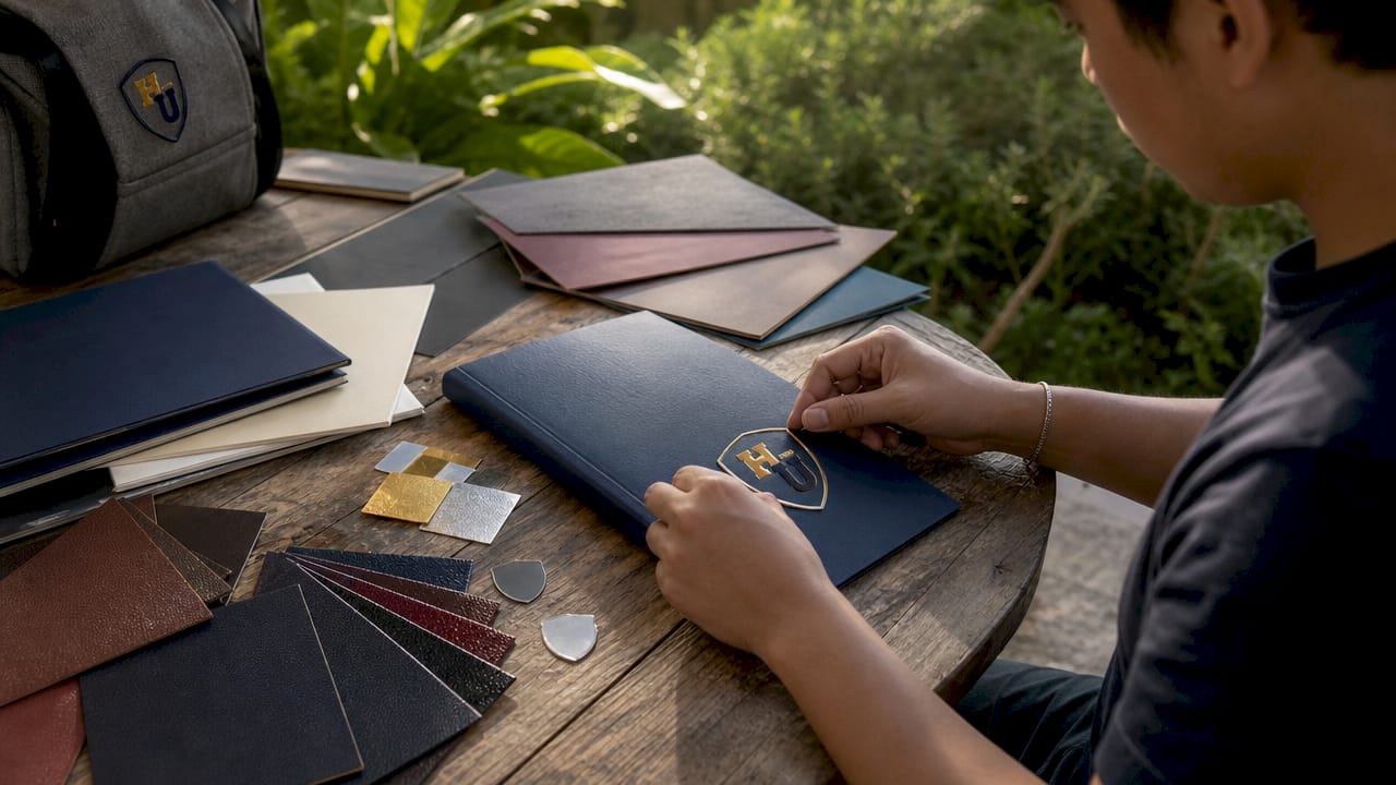 Hands applying foil stamping on certificate cover