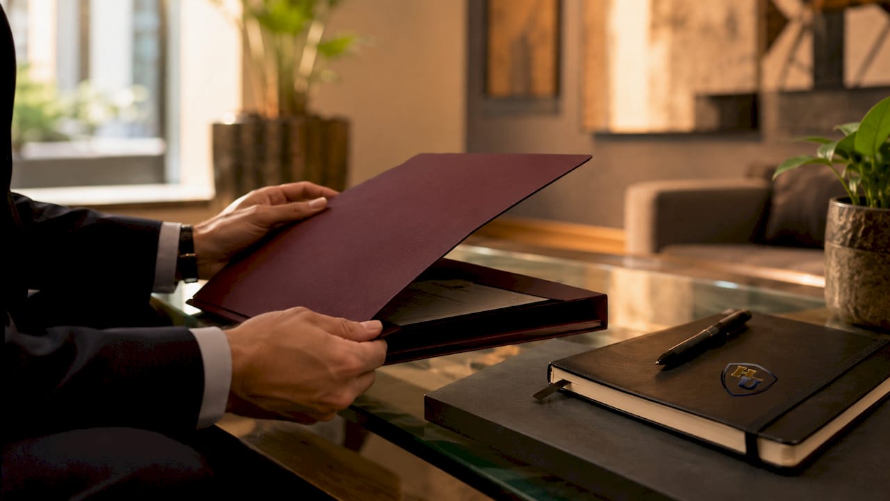 Hands opening premium diploma folder on table