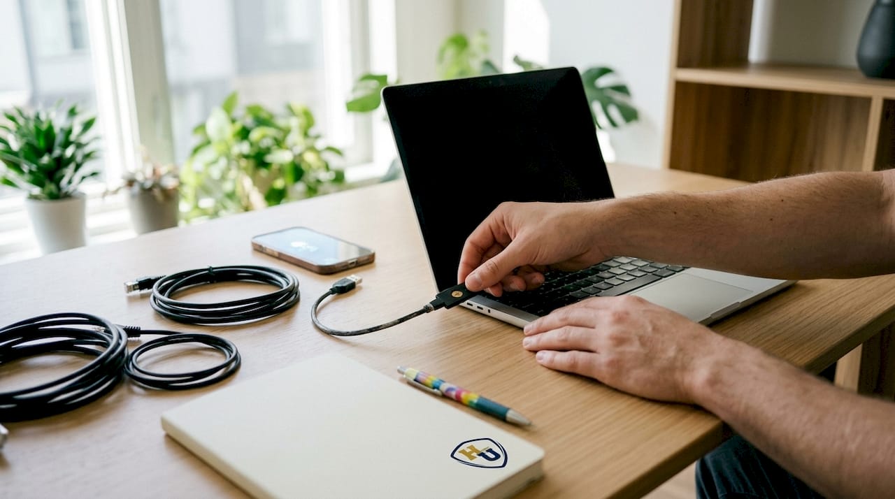 Hands connecting USB security token to PC