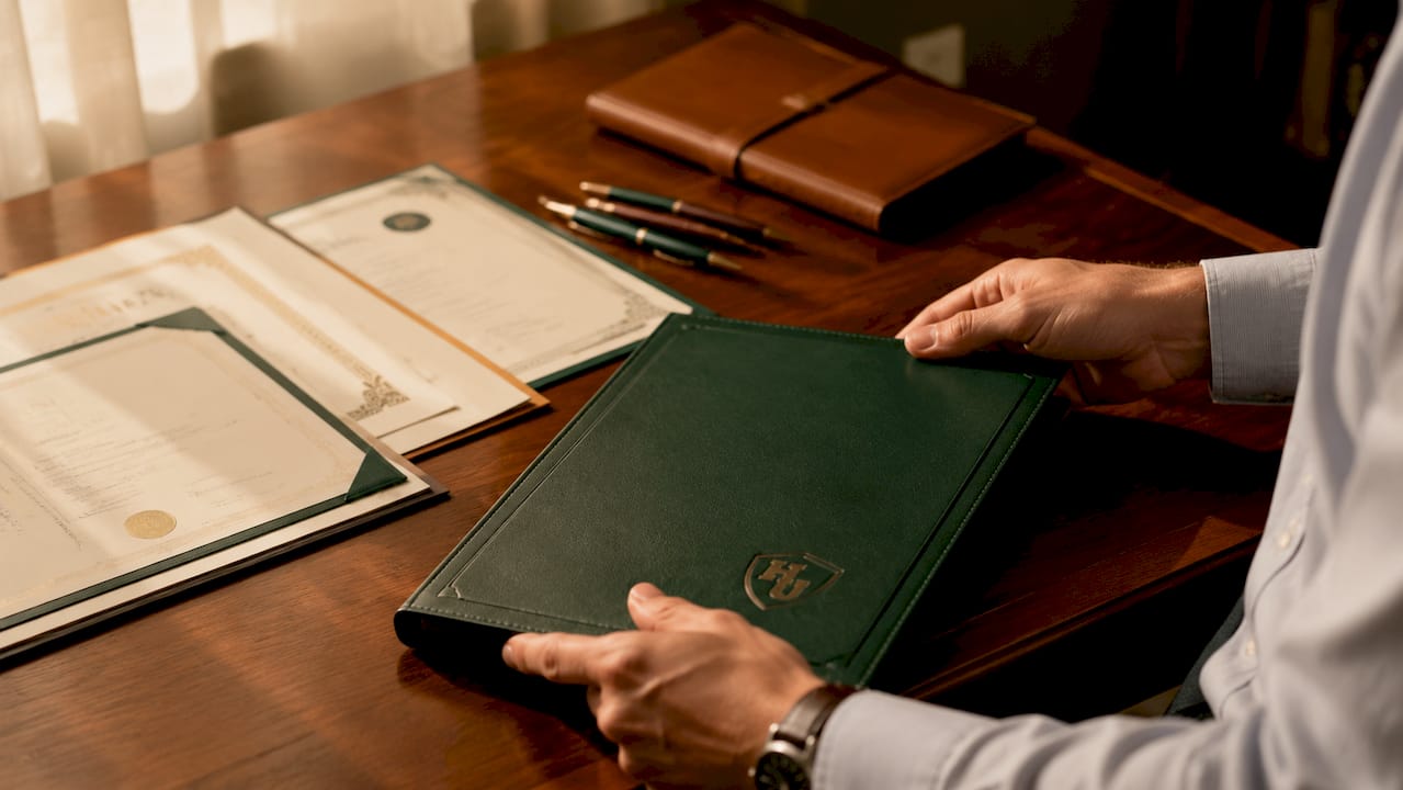 Hands placing diploma cover on table with certificates