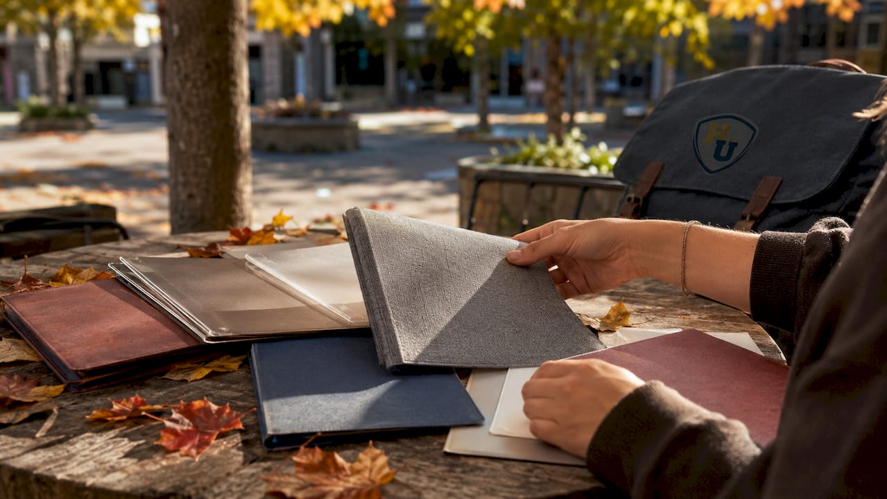 Hands sorting various document cover materials