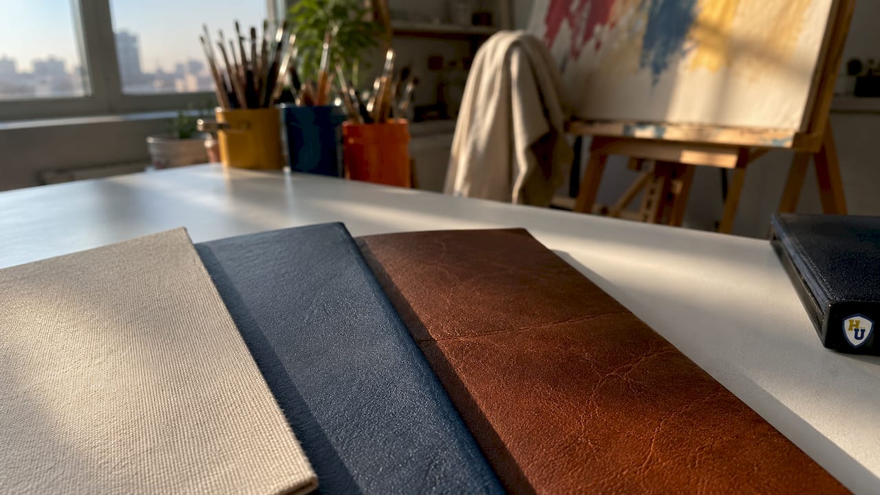 Close-up of various certificate cover materials