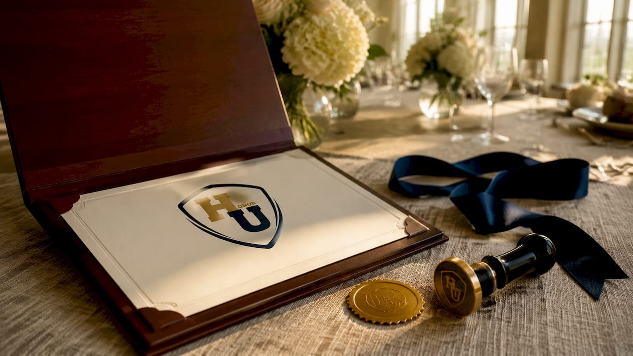 Close-up of leatherette award folder with certificate