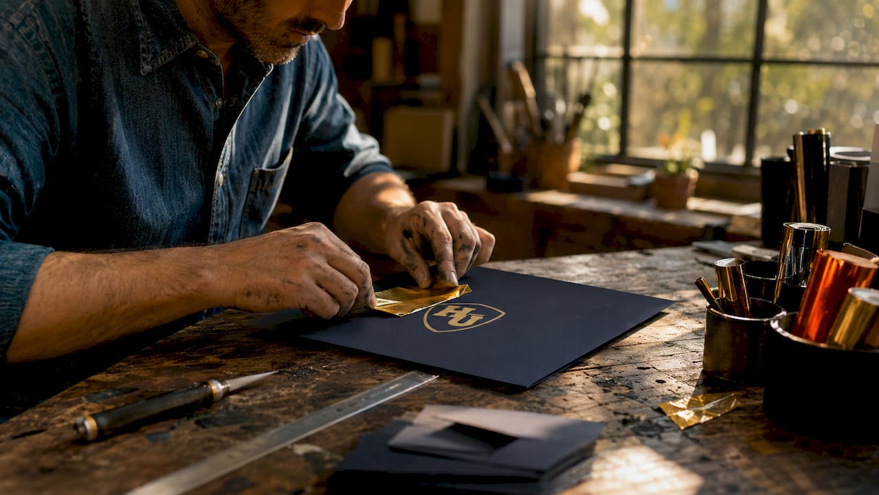 Hands applying foil stamping on presentation folder