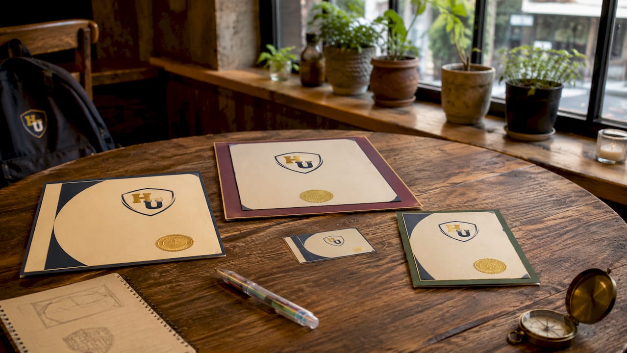 Various certificate sizes on table overhead view