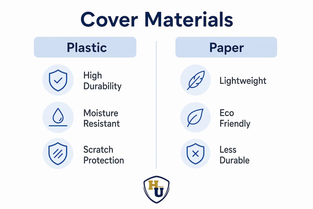 Infographic comparing plastic and paper diploma covers