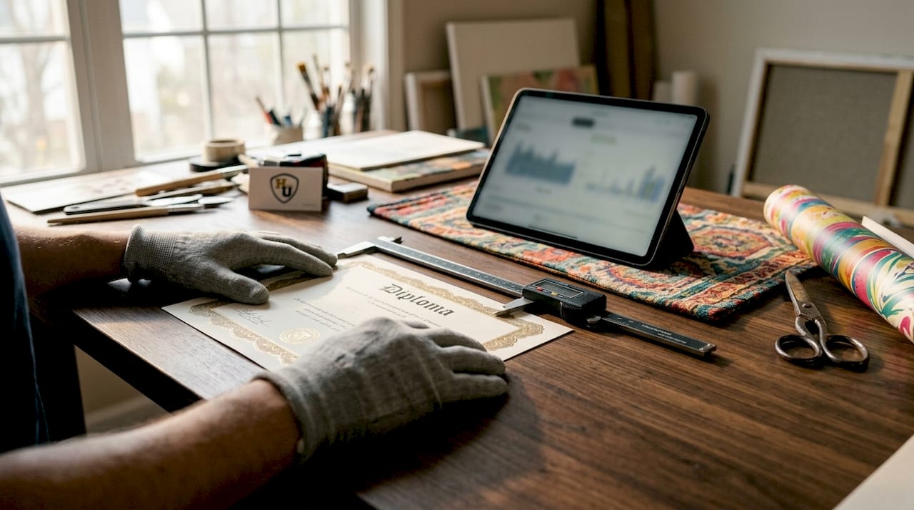 Hands measuring diploma dimensions with tools