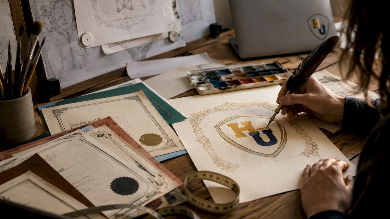 Close-up of hands working on certificate design on desk