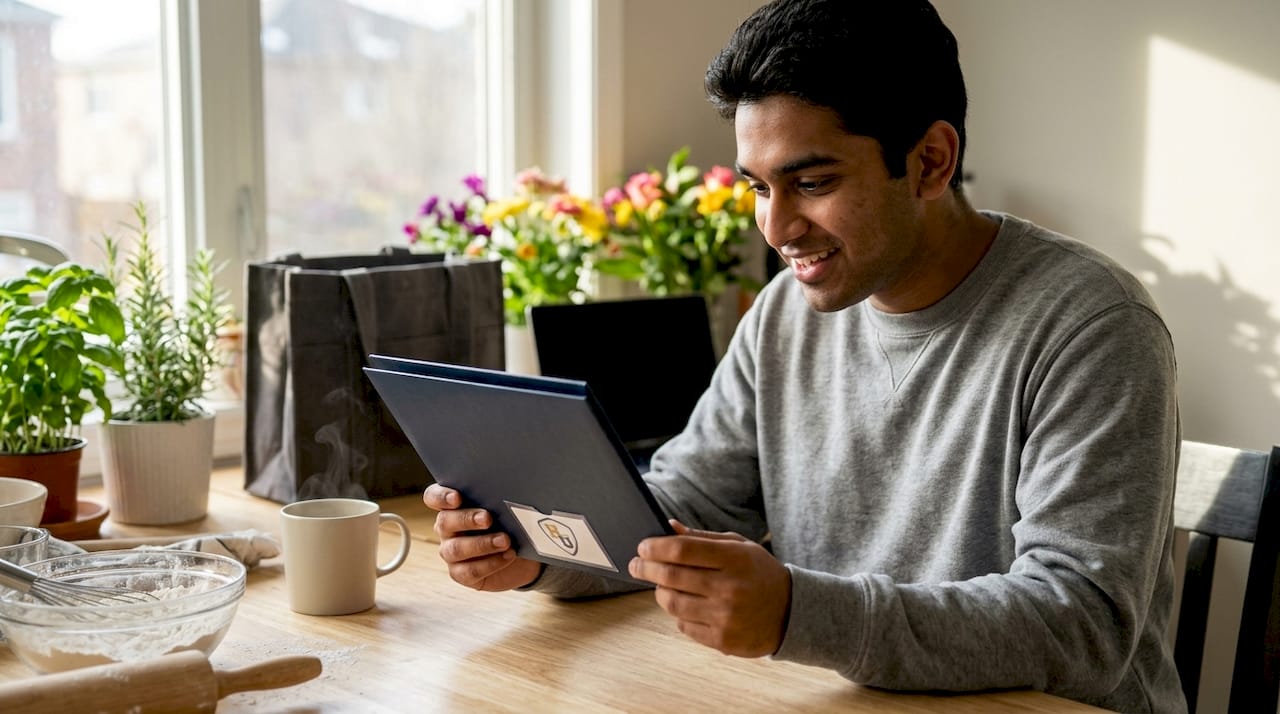 Man unboxing diploma cover at home desk