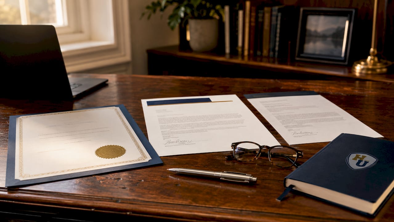 Overhead layout of award document types on table