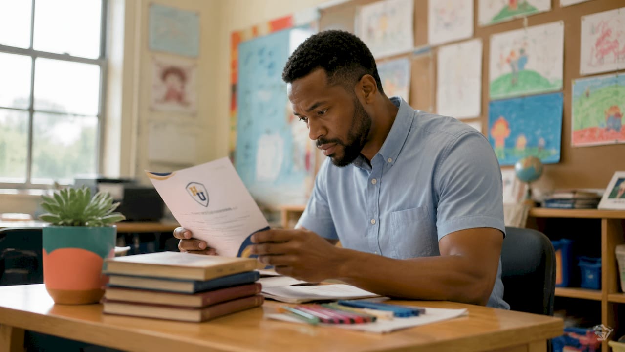 Teacher reviewing award ceremony program