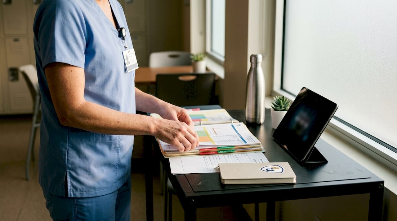 Overhead view of hands organizing patient files