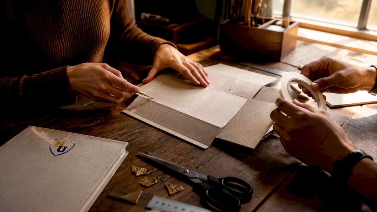 Hands assembling custom archival document cover