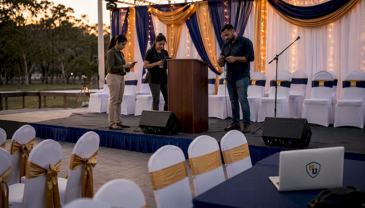 Stage and staff preparing for certificate ceremony