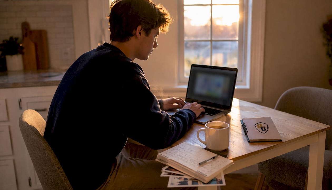 Young man editing graduation slideshow on laptop