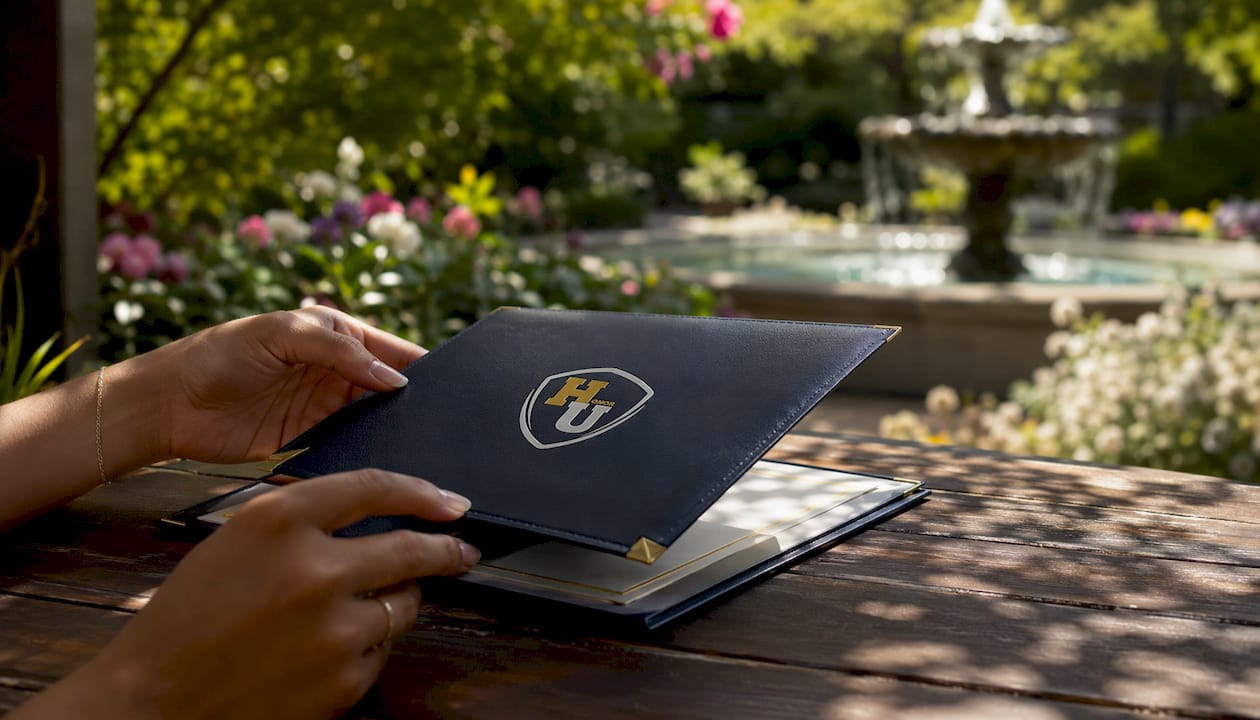 Hands opening leatherette diploma cover on table