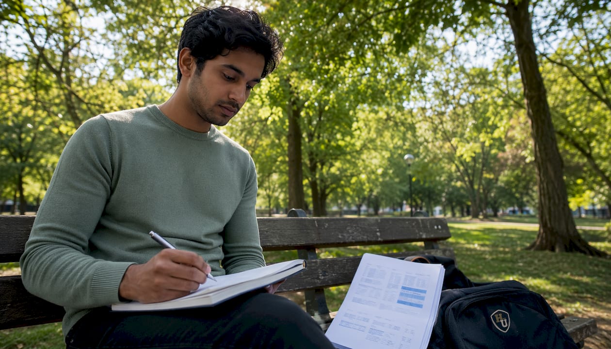 Young man taking notes on achievements