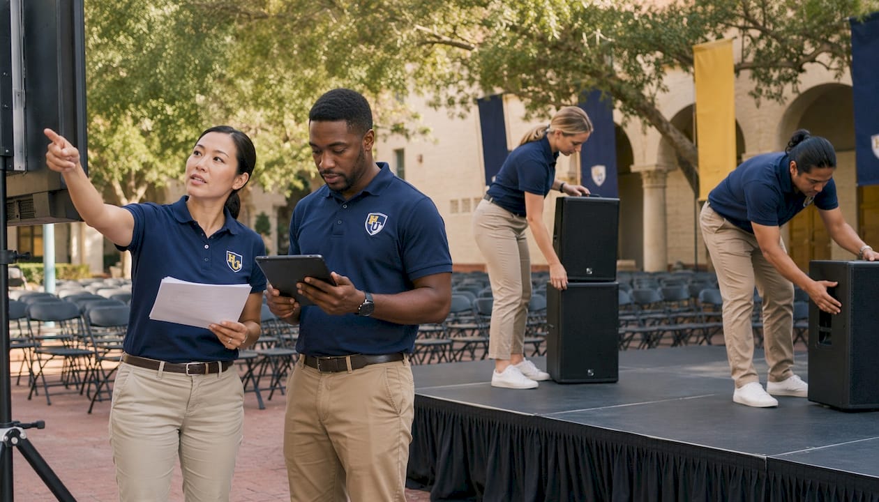 Staff coordinating backstage graduation rehearsal