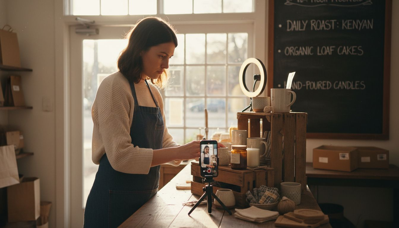 Shop owner setting up video for marketing