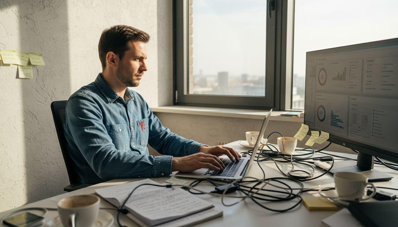 Programátor sedí v neporiadnom kancelárskom priestore a ladí webovú stránku, aby lepšie spolupracovala s umelou inteligenciou.
