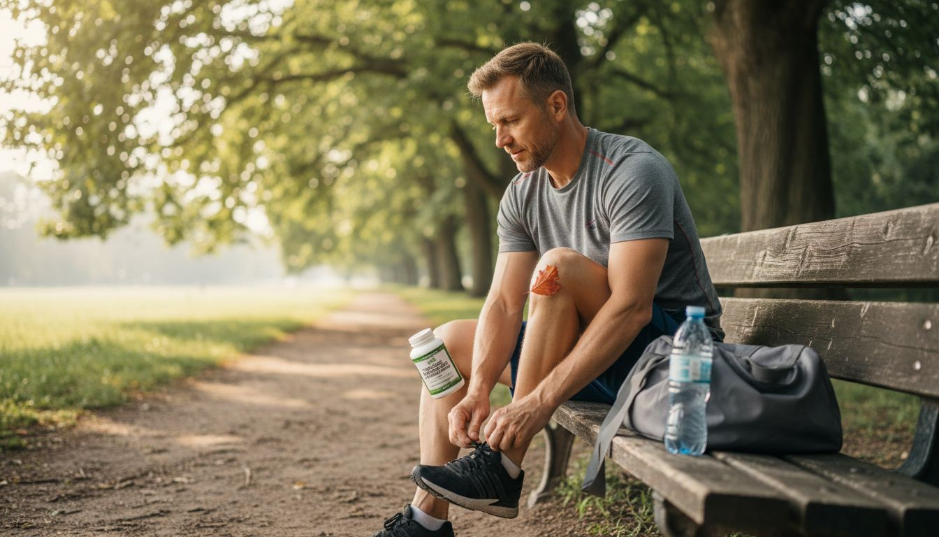 Ultra Bann Man post-jog holding supplement bottle outside
