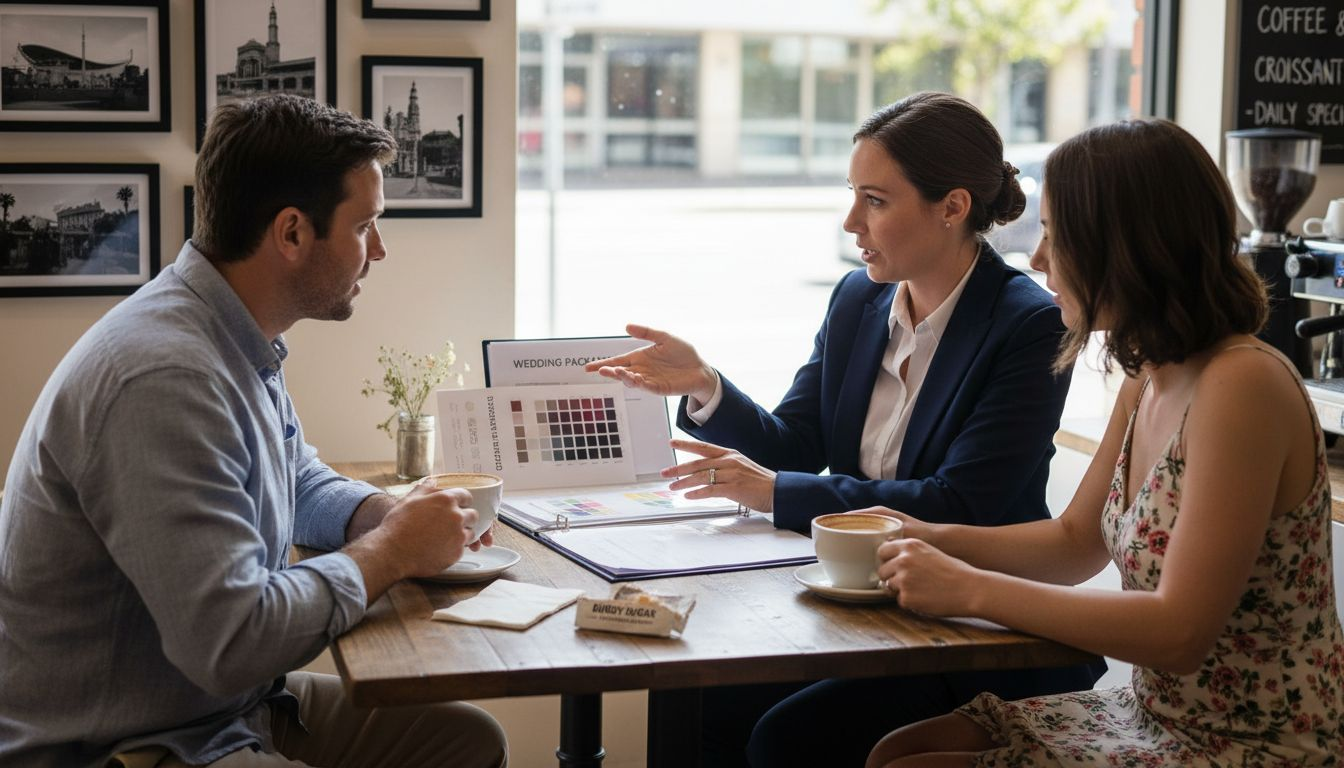 Defining Wedding Packages – Simplifying Your Adelaide Choices 1 Wedding planner meeting with Adelaide couple