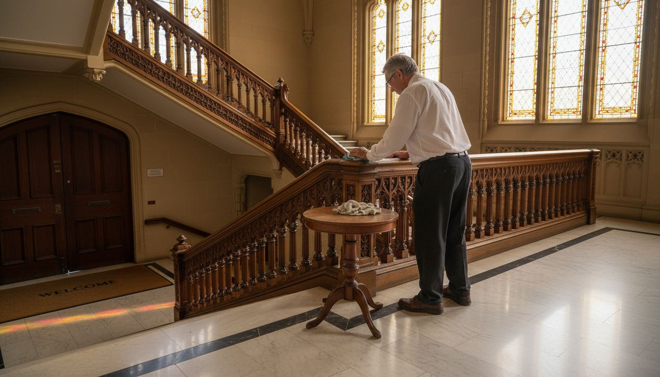 Why Choose Local Wedding Venues in Adelaide? 1 Caretaker polishing banister in historic Adelaide venue